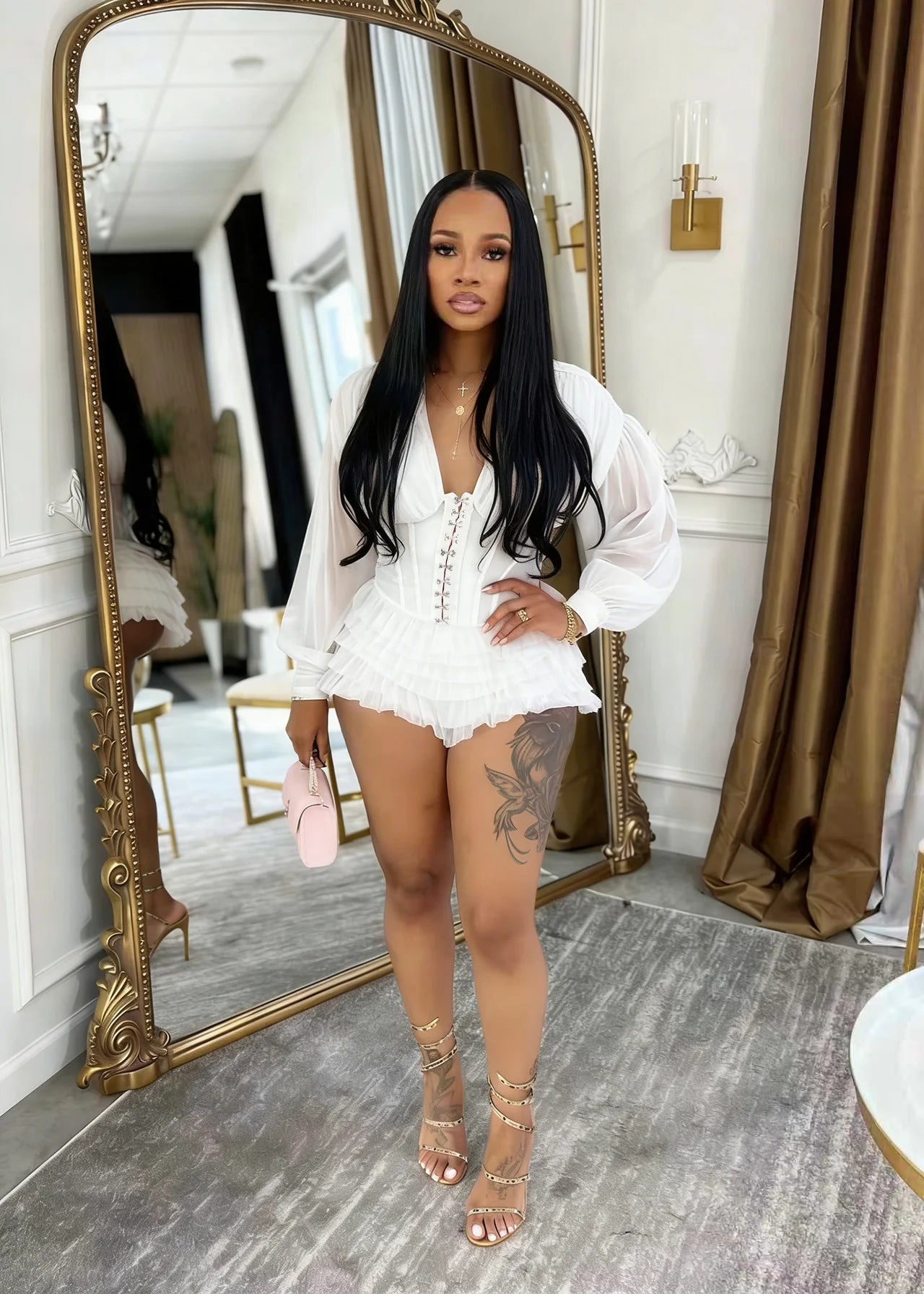 Mesh Ruched Patchwork See Through Long Sleeve Bodycon Rompers for Women