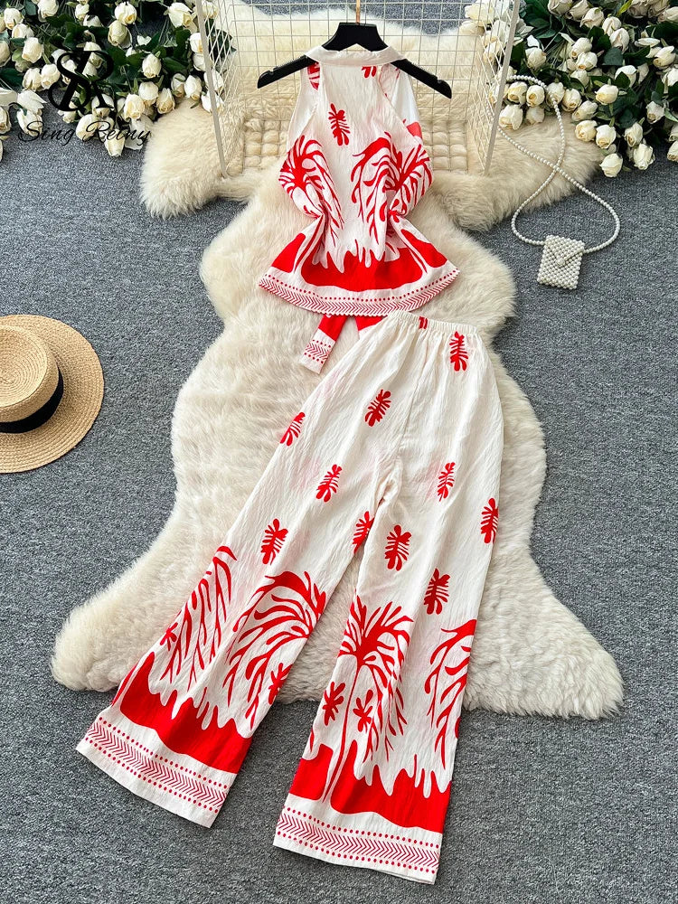 Boho Print Lace-Up Tank Top and Wide-Leg Pants Set for Women