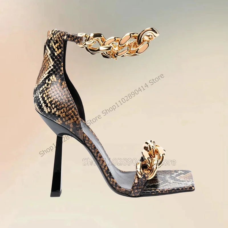 Snakeskin Print Gold Chain Decor Open Toe Sandals for Women