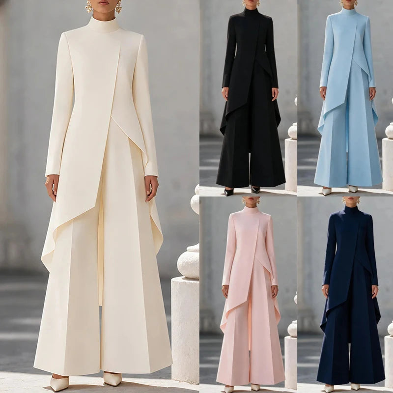 Elegant Turtleneck Long Sleeve Top and Wide Leg Pants Set for Women