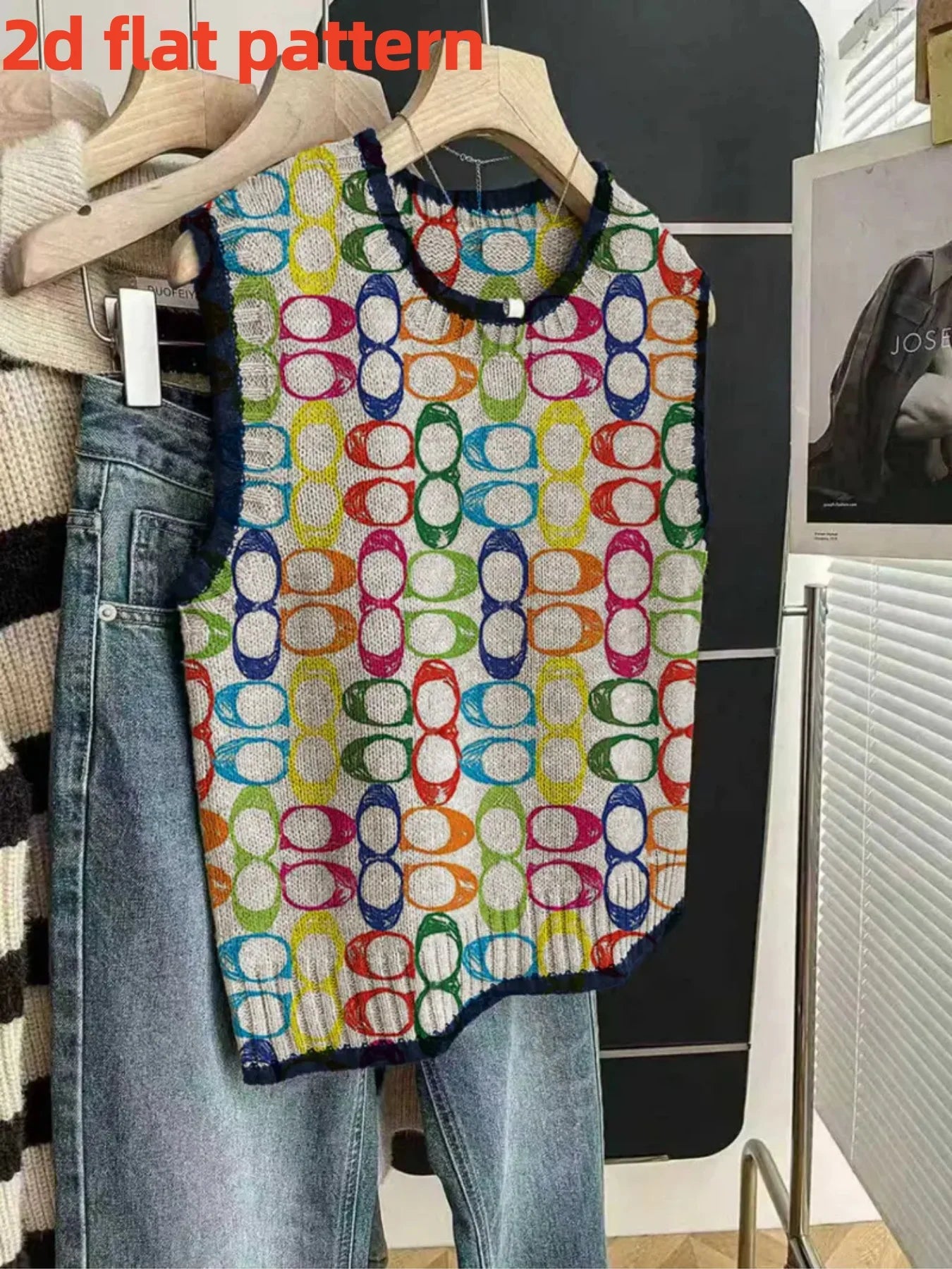 Digital Print Round Neck Four-Season Knit Vest for Women