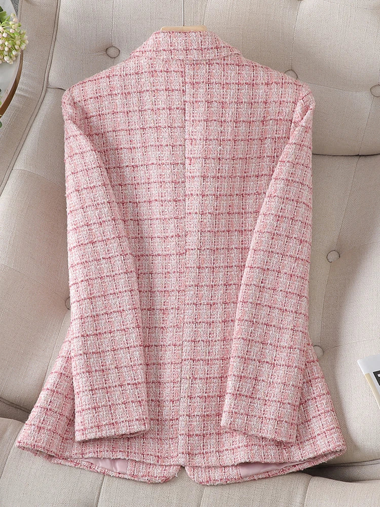 Long Sleeve Autumn Winter Women Blazer Ladies Pink Beige Plaid Female Casual Jacket Coat