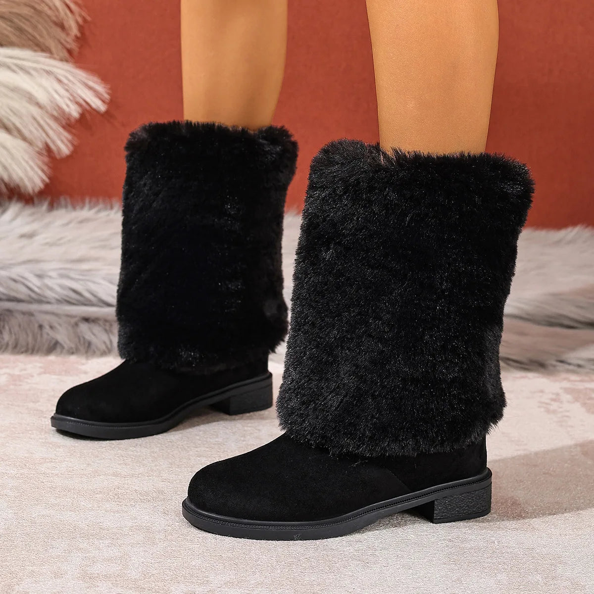 Plush Faux Fur Slip On Mid Calf Winter Snow Boots For Women