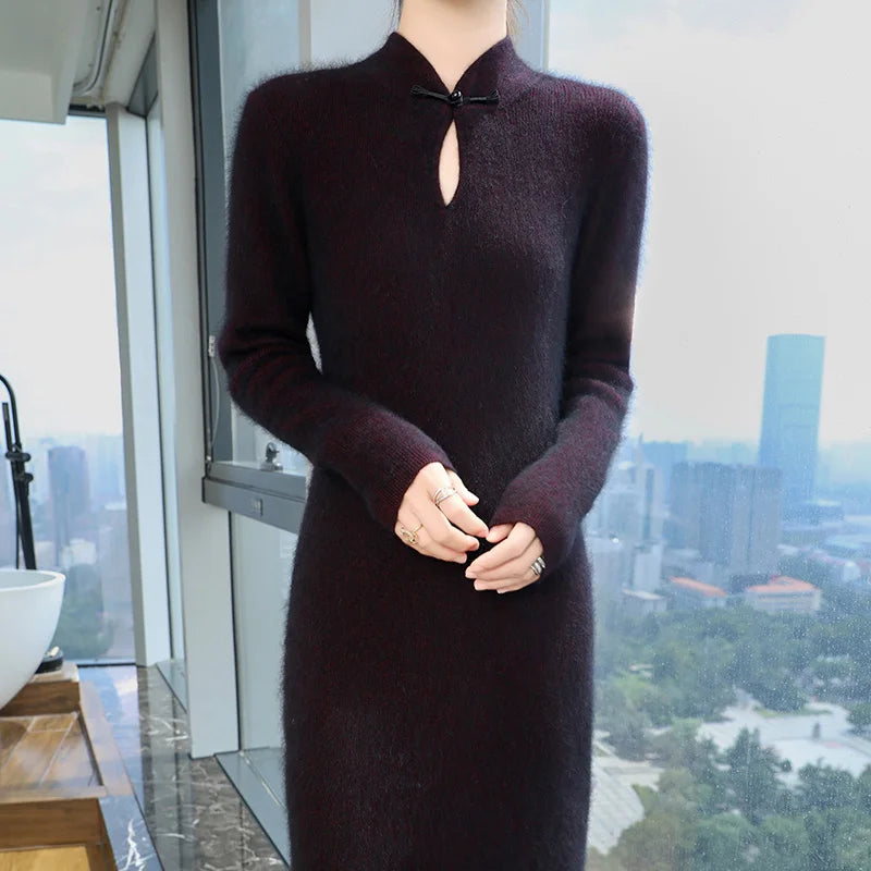 Cashmere Knit Dress with Stand Up Collar and Buckle for Women