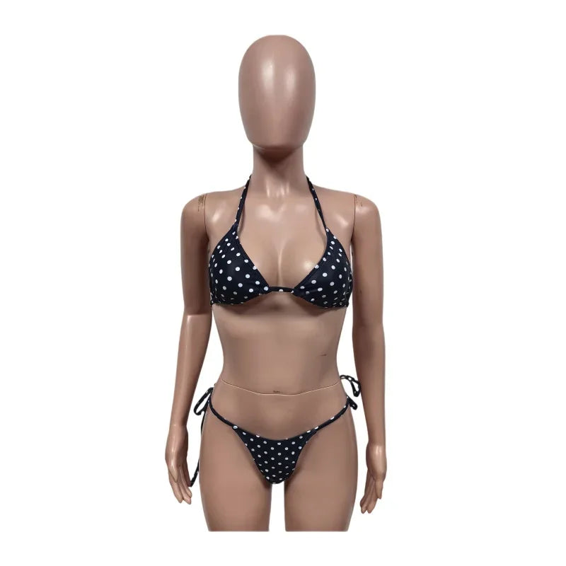 Polka Dot Lace Up Bikini Set with Briefs for Women