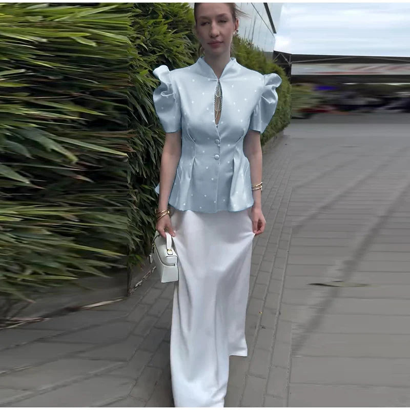 Elegant Printed Puff Sleeve Stand Collar Shirt for Women