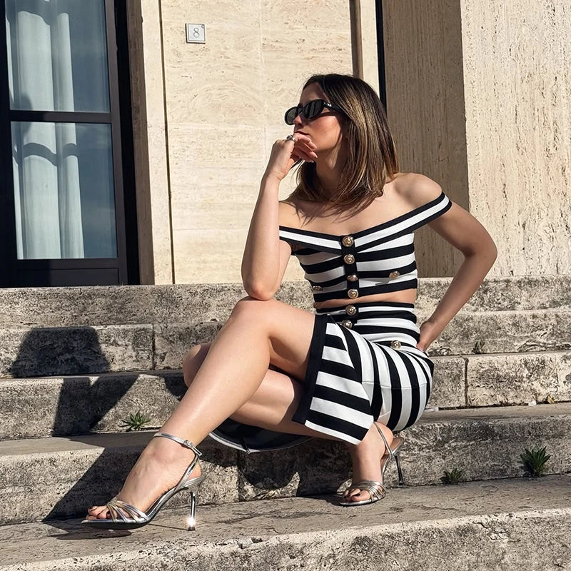Striped Off Shoulder Sleeveless Two Piece Set For Women