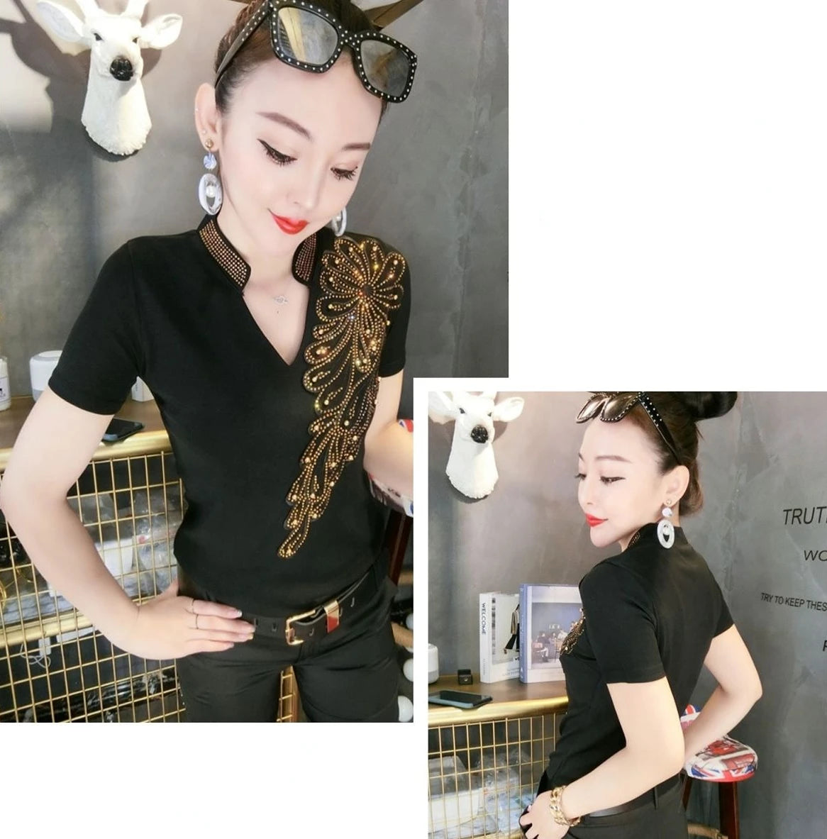 Sequin Women Tops Sleeve Polo Shirt Rhinestone Pulovers Vintage Glitter Luxury Women's Blouses Promotion Free Delivery Neck Cute