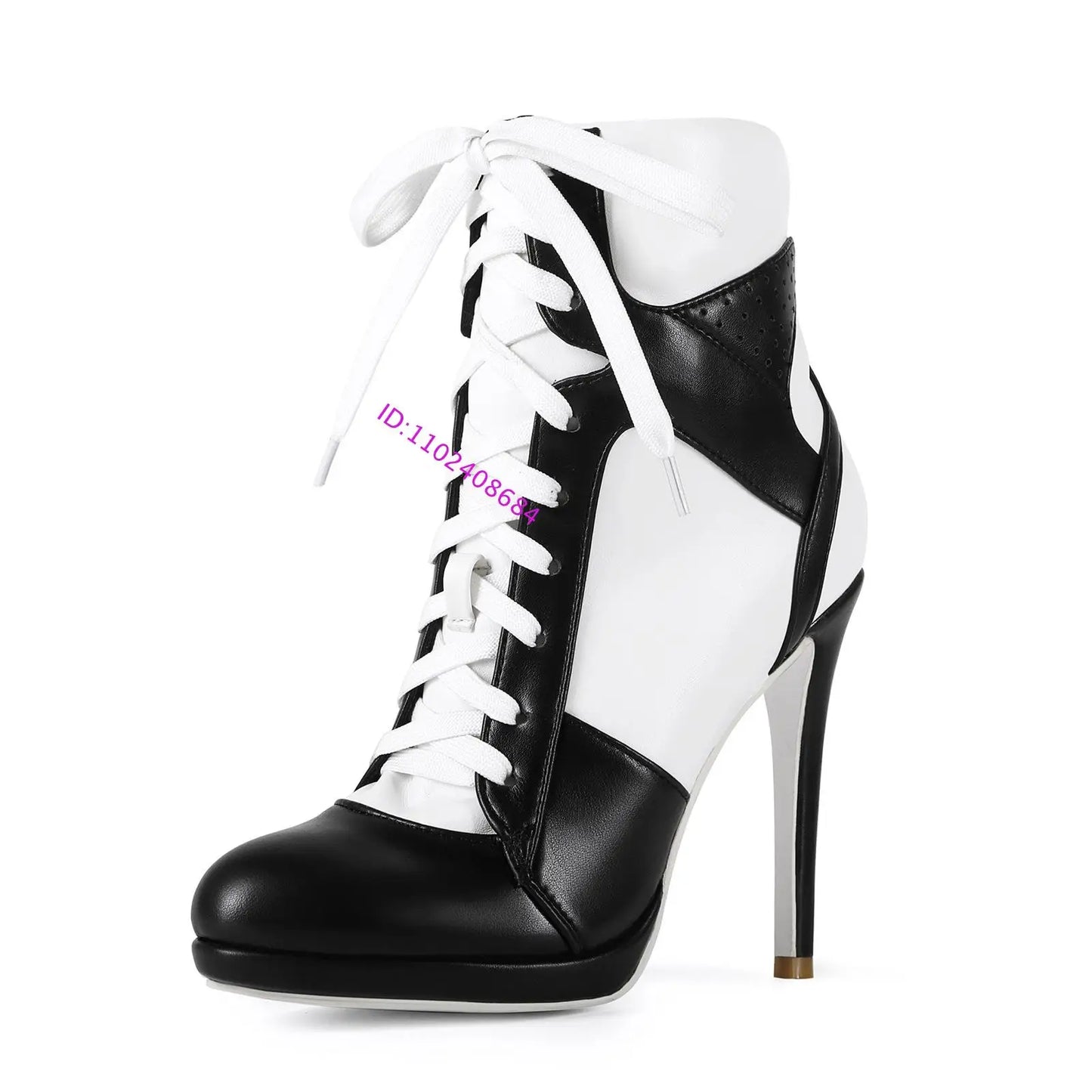 Plus Size Black White Lace-Up Stiletto Mid-Calf Boots For Women