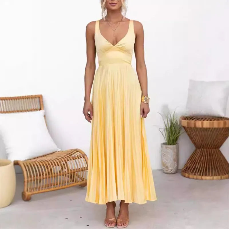 Fashion V-Neck Holiday Long Dress Summer Elegant Strap Loose Solid Sleeveless Party Dress Women High Waist Solid Pleat Dresses