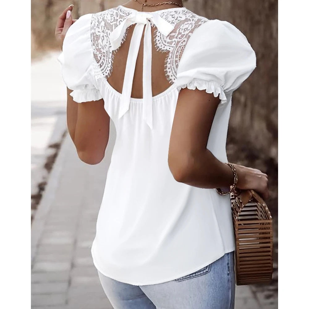 O-Neck Contrast Lace Cut Out Back Puff Sleeve White Top Fashion Femme Casual Short Sleeve Tied Detail T-Shirts