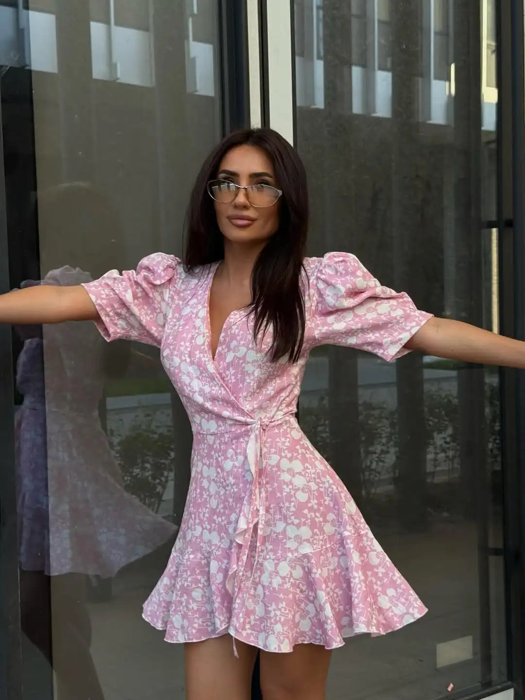 Floral Printed Lace Up Puff Sleeve Mini Dress for Women