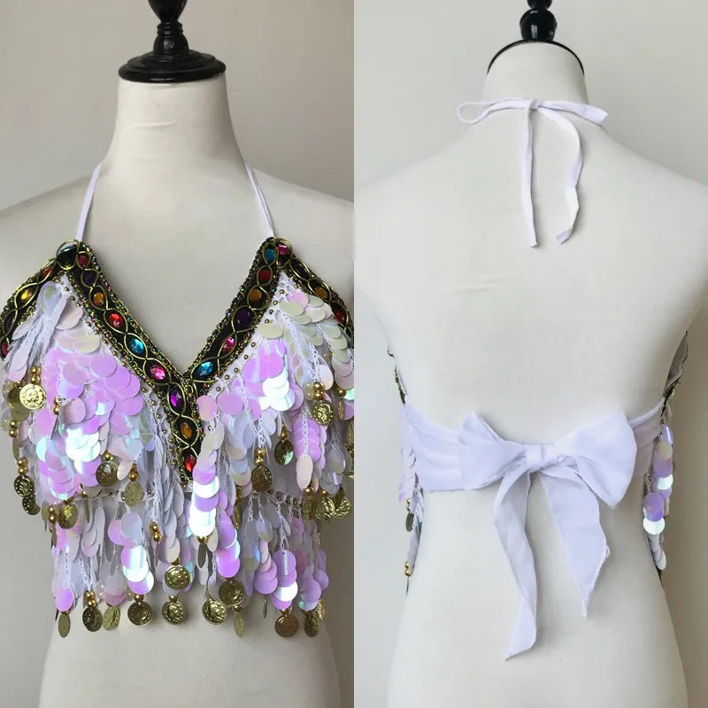Shiny Colored Sequin Diamond Halter Crop Top for Women