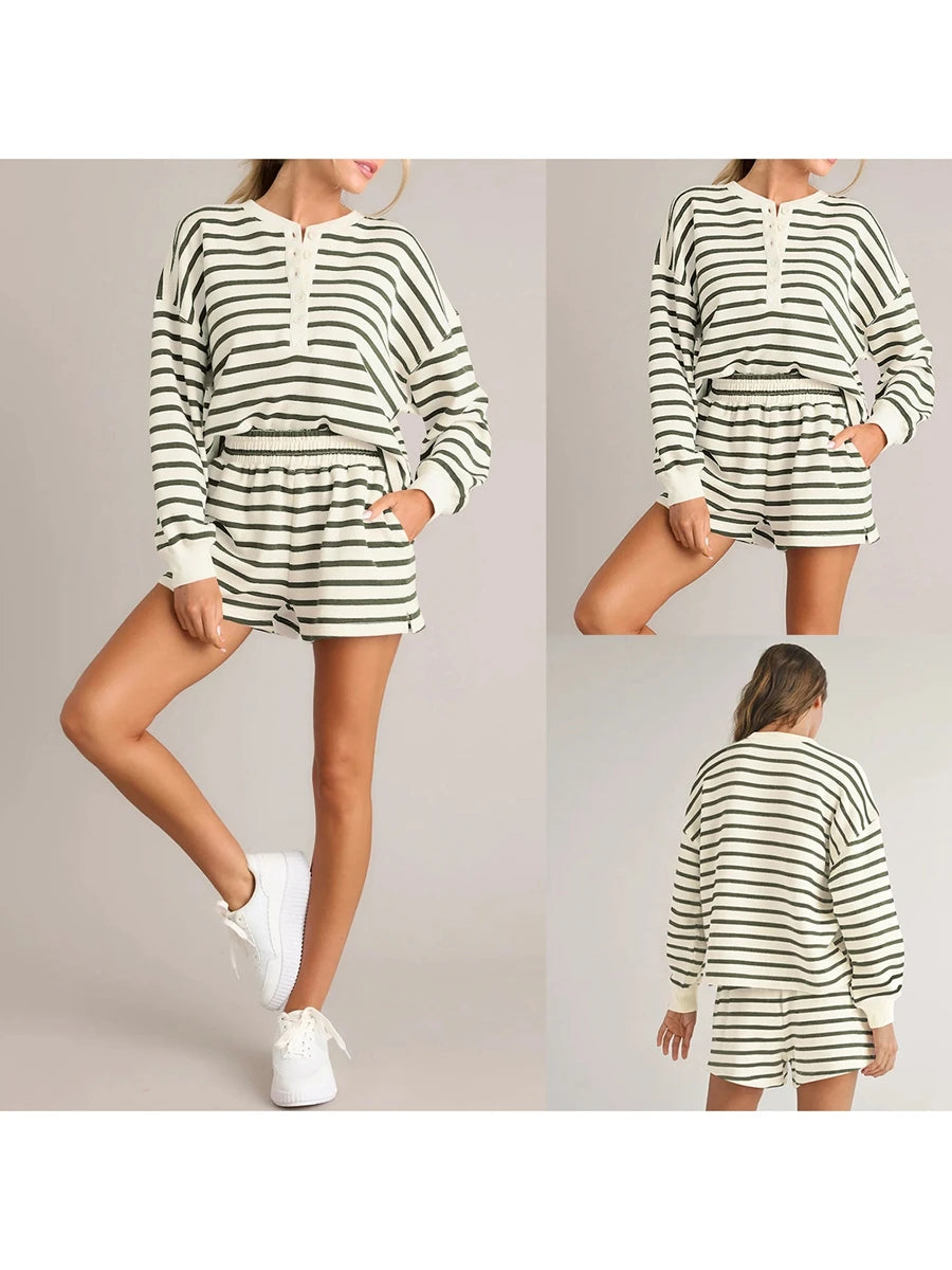 Women'S Striped Long Sleeved Shorts Set Long Sleeved T-Shirt With Elastic Waist Shorts Spring and Autumn Sports Set