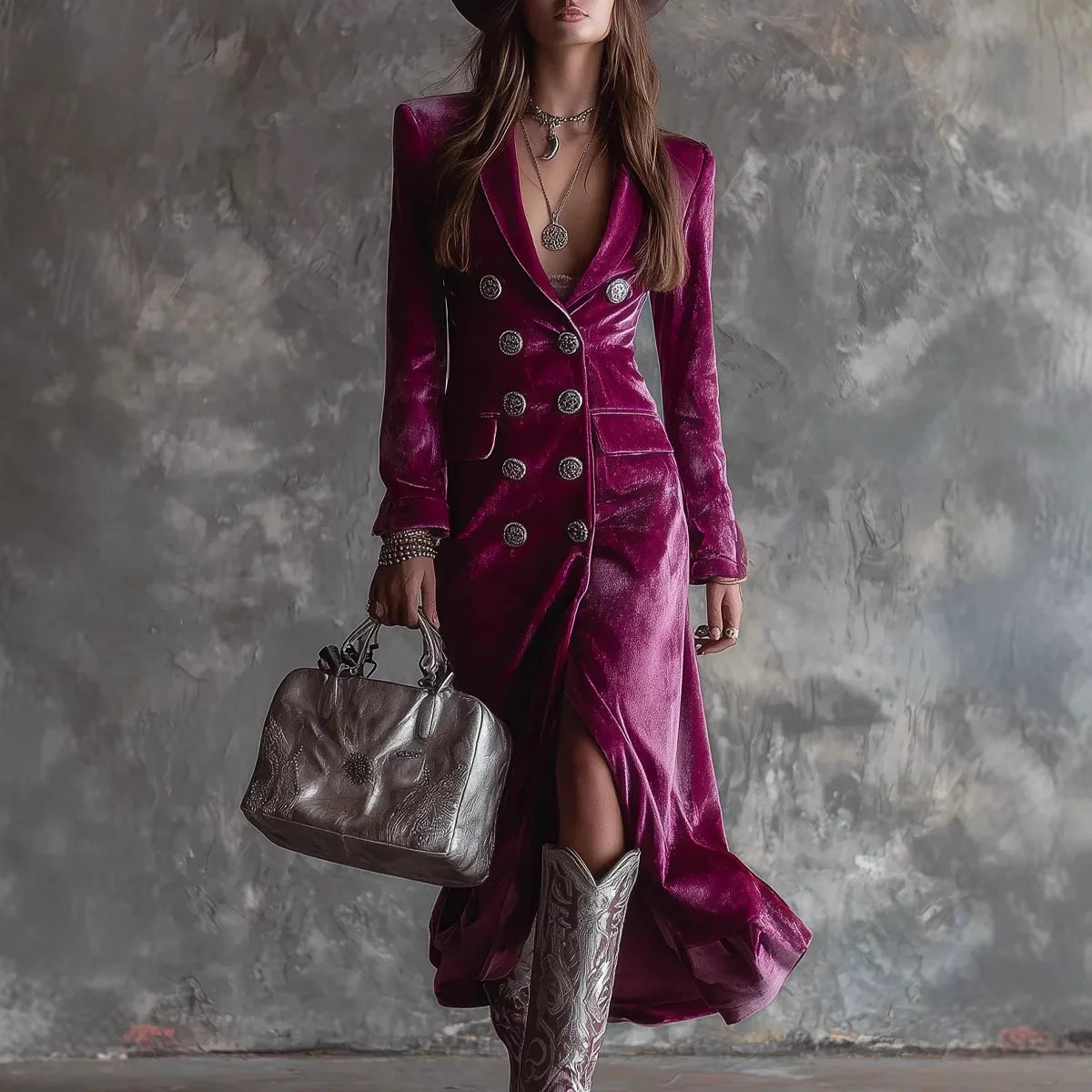 Elegant Women Velvet Lapel Double Breasted Long Sleeve Slit Midi Dress Autumn Winter Solid Color Slim Fit Female Party Dress