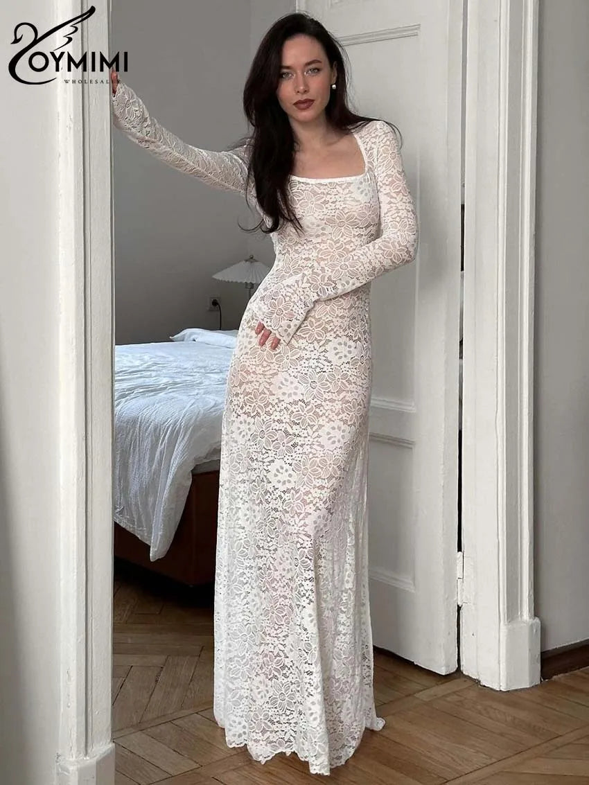 Oymimi Sexy White Lace Women's Dress Summer New Slim Square Neck Long Sleeve Dresses Fashion Straight Floor-Length Dress Female
