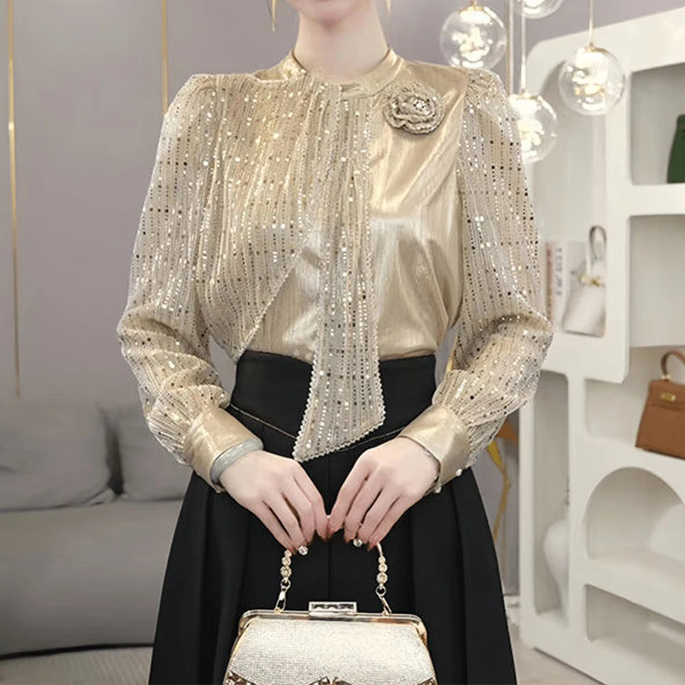 Chiffon Loose Small Stand Up Collar Bow Blouse for Women