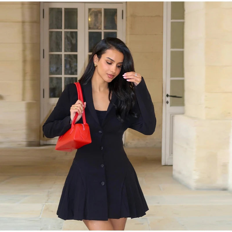 V Neck Pleated Patchwork With Long Sleeves Dress for Women