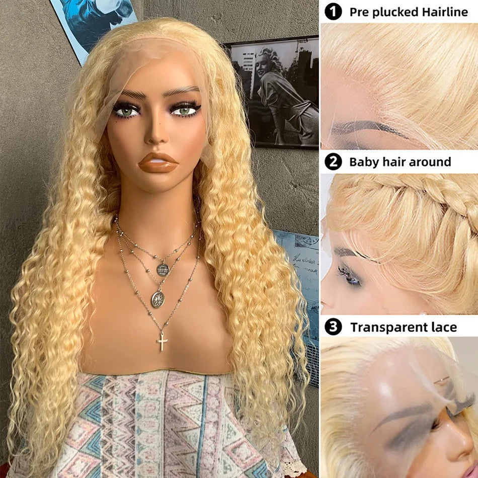 Honey Blonde Deep Wave Lace Front Human Hair Wig for Women