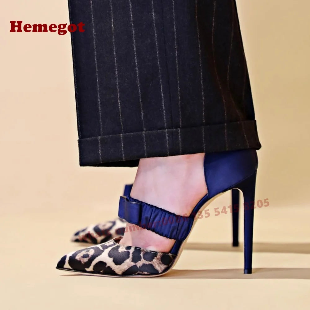 Leopard Bow Detail Blue Satin Pumps Pointed Toe for Women