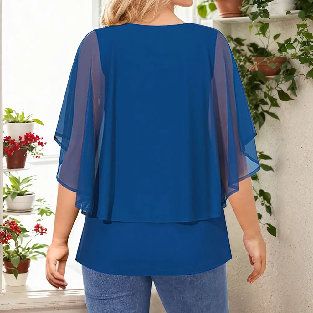 Women’s Plus Size Elegant Blouse Lace Patchwork 3/4 Sleeve Chiffon V-Neck Sequins Printed T-Shirt Double Layer Loose Female Tees