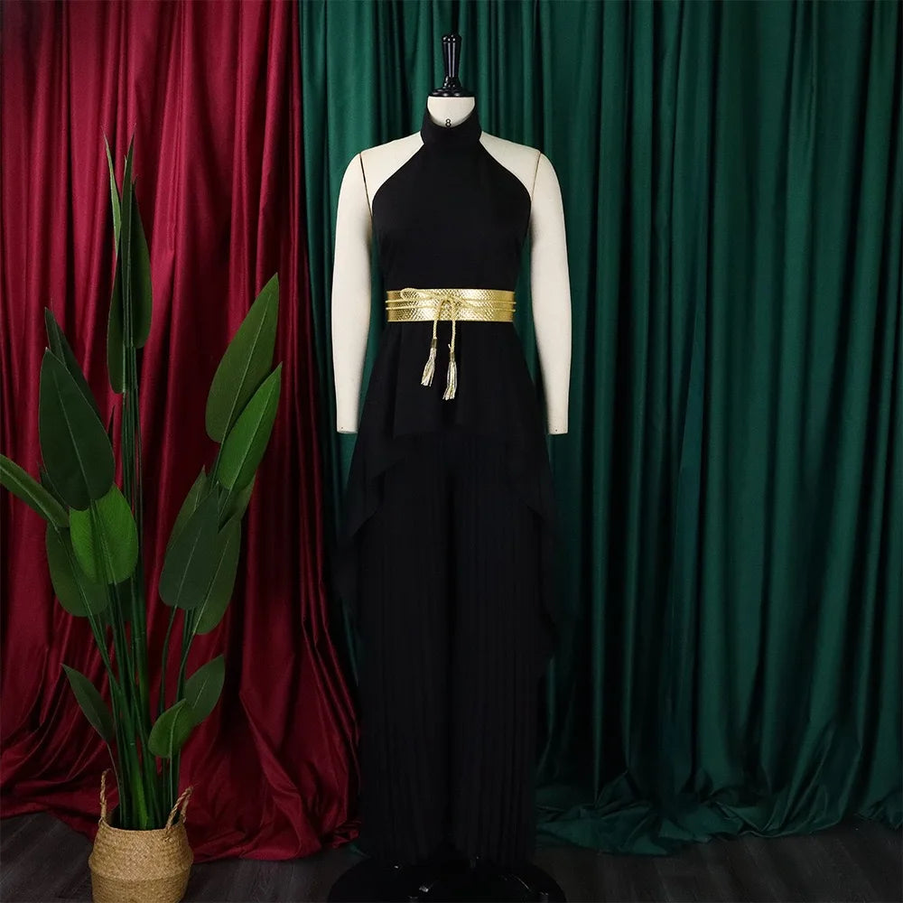 2 Pieces Pants Sets Womens Outfits Blouse Extra Long Sleeveless Backless Belt Waisted & Wide Leg Pants Pleated Floor Length Sets