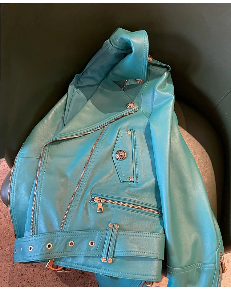 Bright Green Faux Leather Biker Jacket With Adjustable Waist For Women