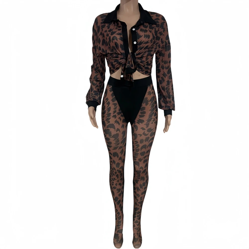 FAGADOER Autumn New Sexy Mesh See Through Woman 2 Piece Set Outfit Long Sleeve Crop Top and Pants Female Streetwear Clothing