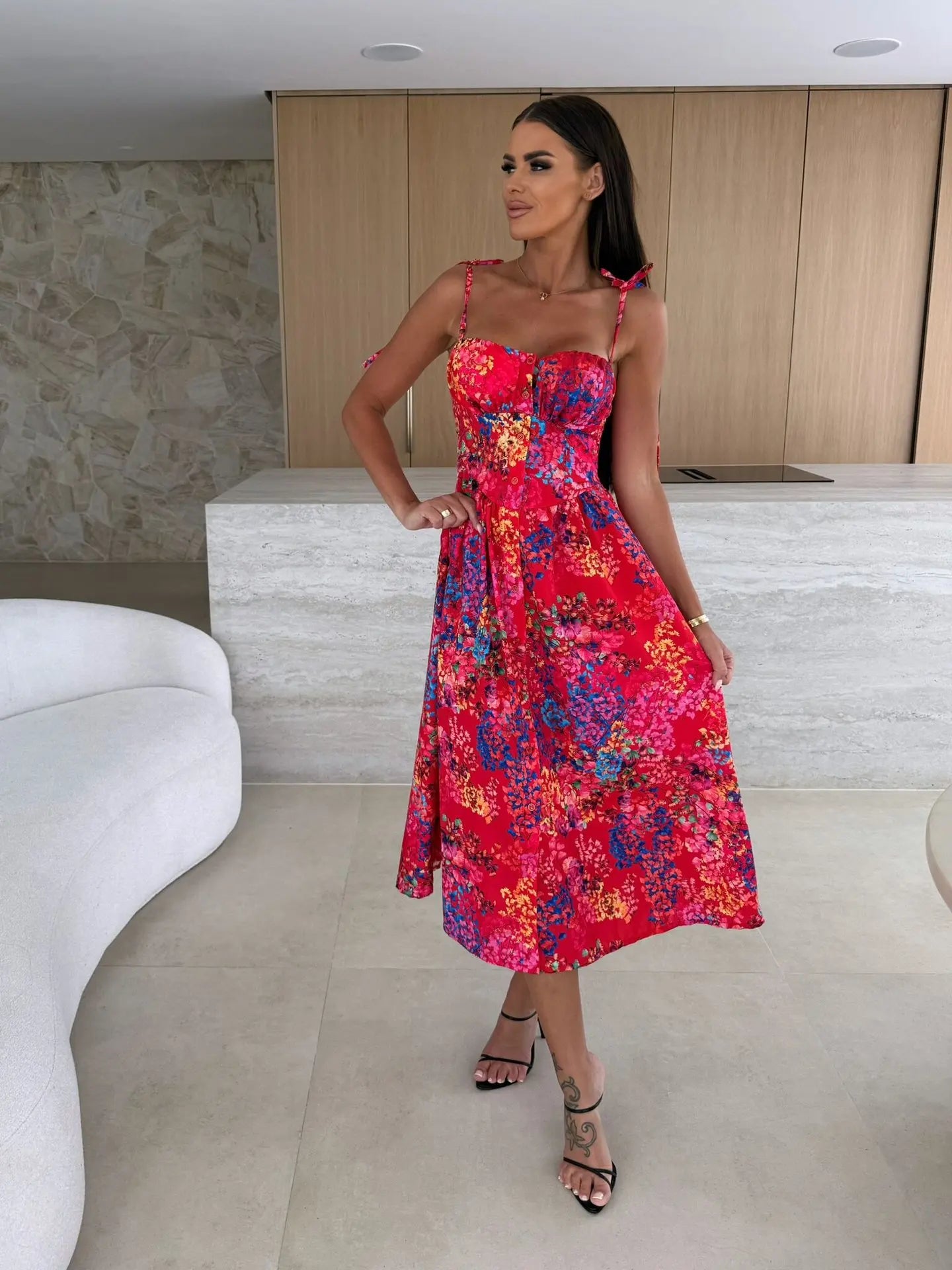 Boho Print Sleeveless A-Line Casual Midi Dress for Women