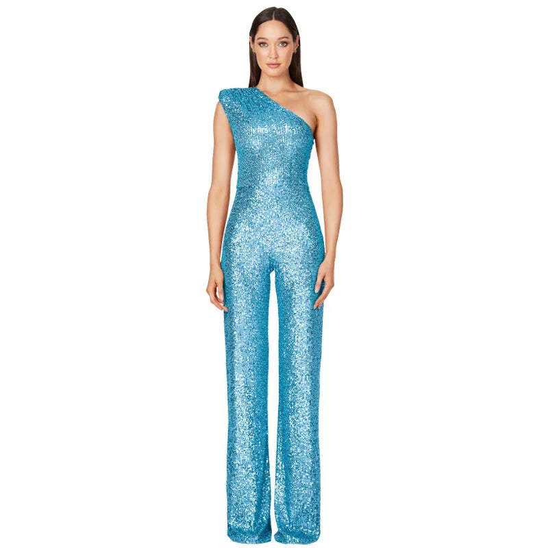 Sequined One Shoulder Wide Leg Jumpsuit