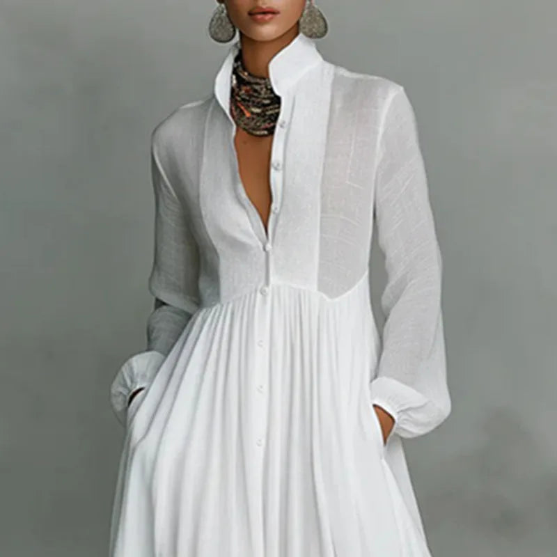 Elegant High Waist Pleated Long Sleeve Maxi Dress for Women