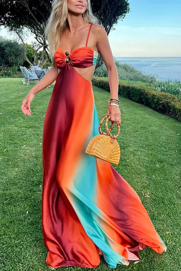 Sexy Gradient Sling Beach Long Dress Women Vintage Sleeveless Lace Up Hollow Out Tube Dresses Female Chic Street Party Holiday