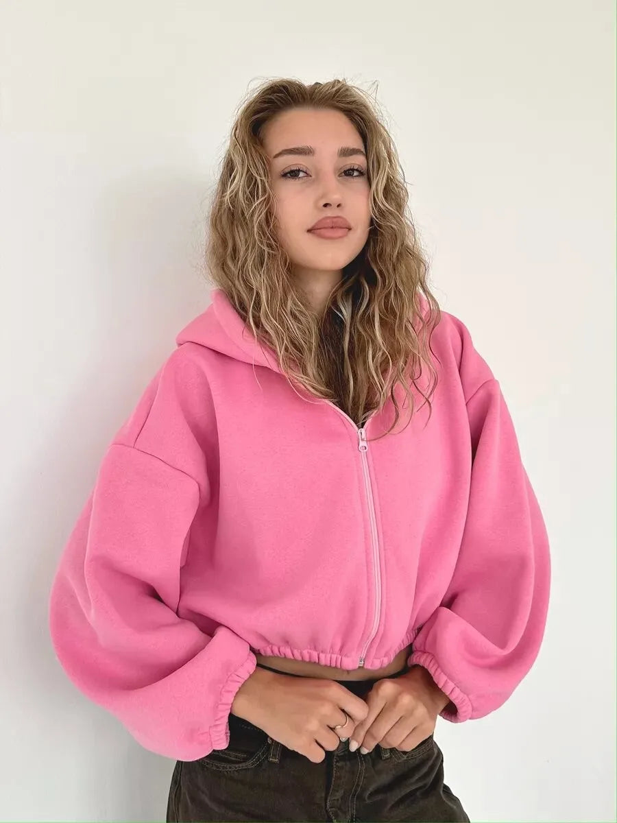 Cropped Zipper Hooded Sweatshirt Jacket With Long Sleeves for Women