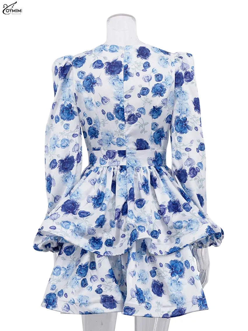 Oymimi Fashion Blue Print Womens Dresses Elegant V-Neck Long Sleeve Zipper Dresses Casual High Waist Pleated Mini Dress Female