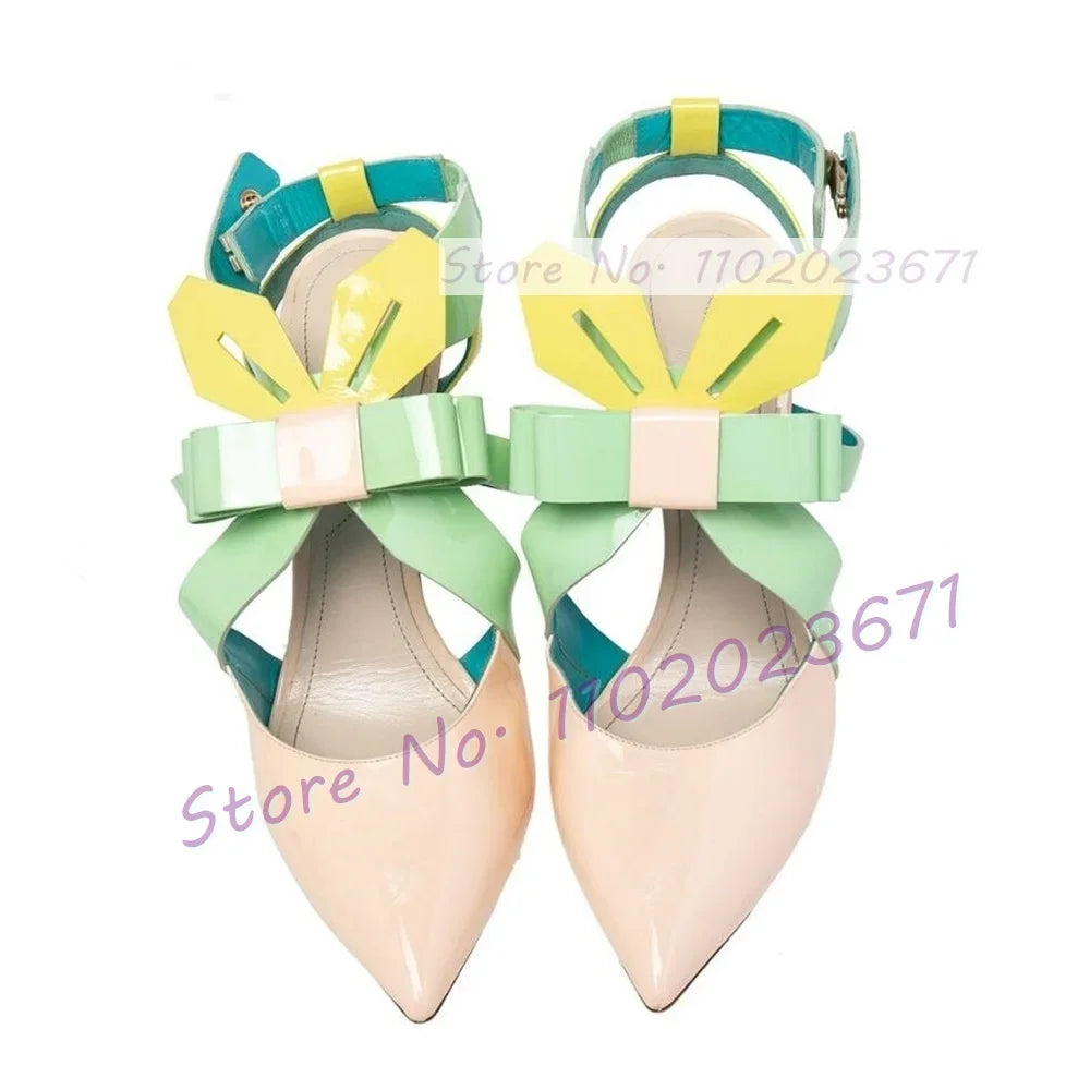 Multicolor Patent Leather Slingback Sandals Women Fashion Folding Bowknot Pointy Toe High Heels Sandals Party Chic Lovely Shoes