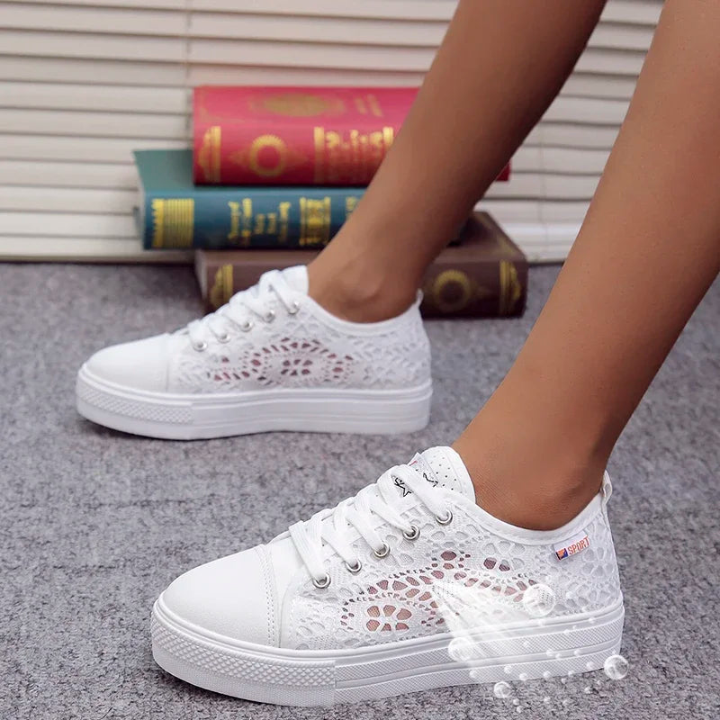 Lightweight Embroidered Lace Up Sneakers For Women