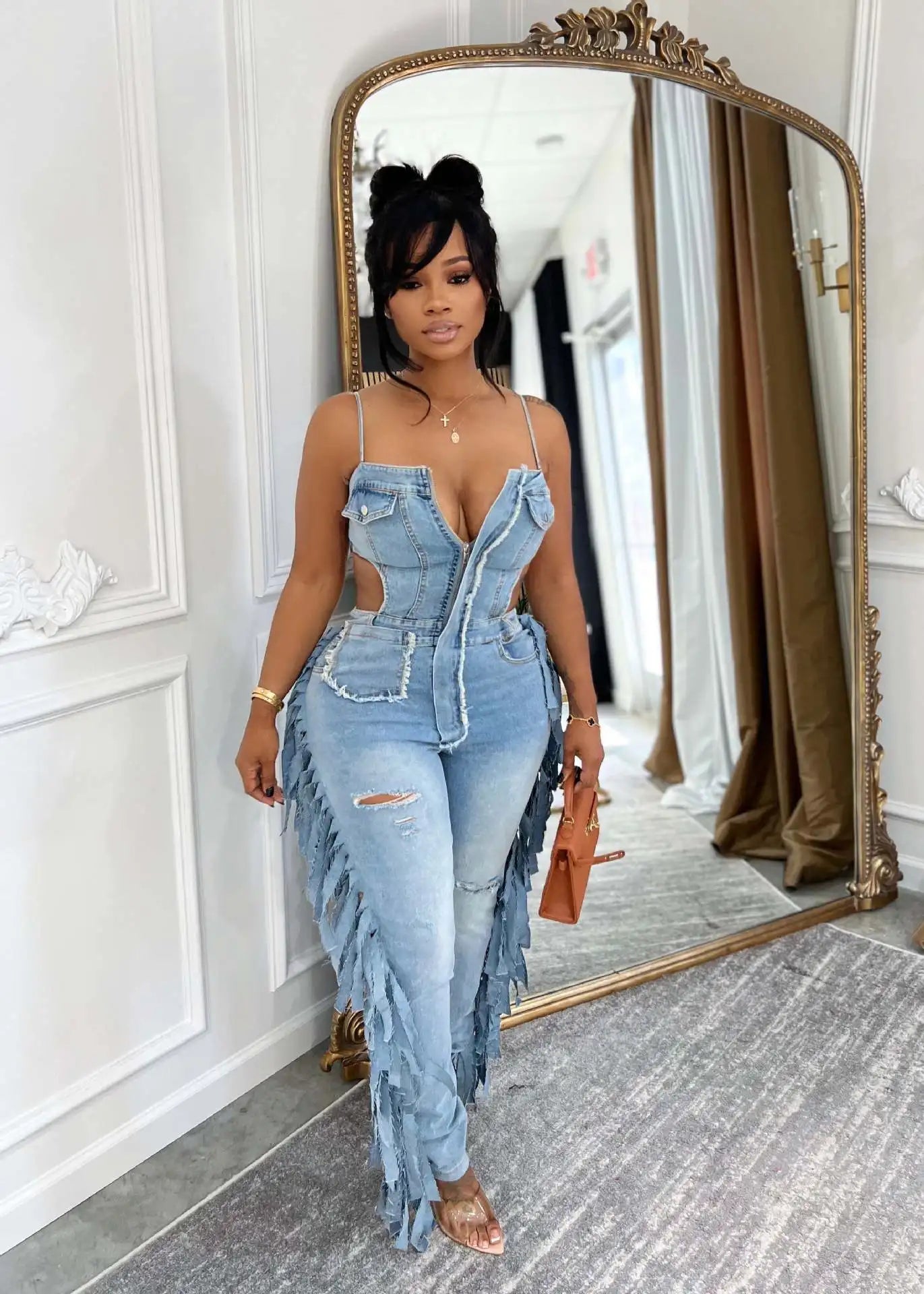 Elegant Strapless Denim Jumpsuit With Tassel Accents For Women