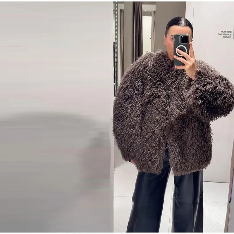 Vintage Women's Fur Coat Elegant Open Collar Thicken Full Sleeve Jacket With Furs Female 2025 New Autumn Winter Woman Clothes