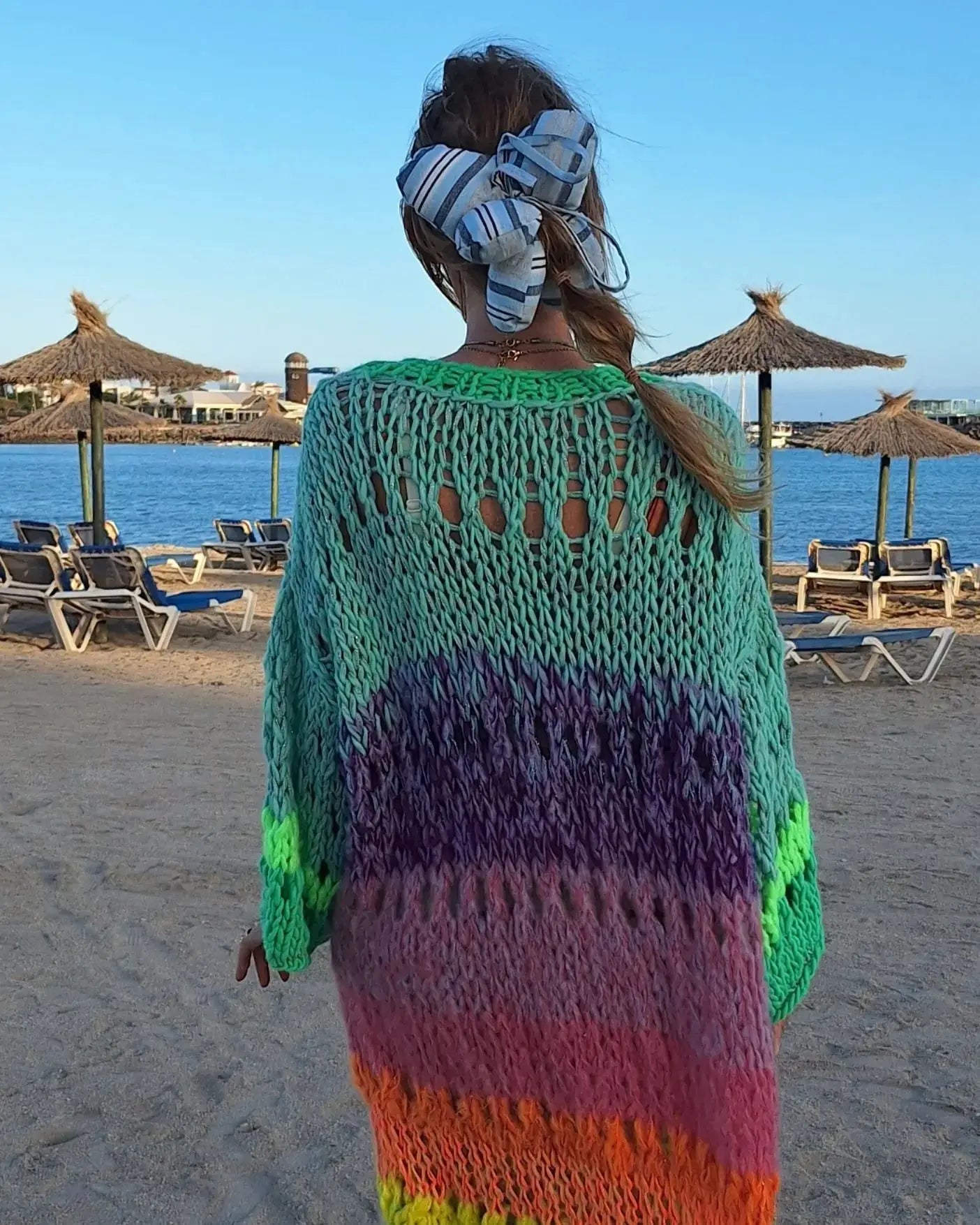 Boho Colorful Luxuriously Handknit Bell Sleeve Crochet Loose Kimono Cardigan 2024 Women Fall Winter Coat Beach Coverup Dress K12