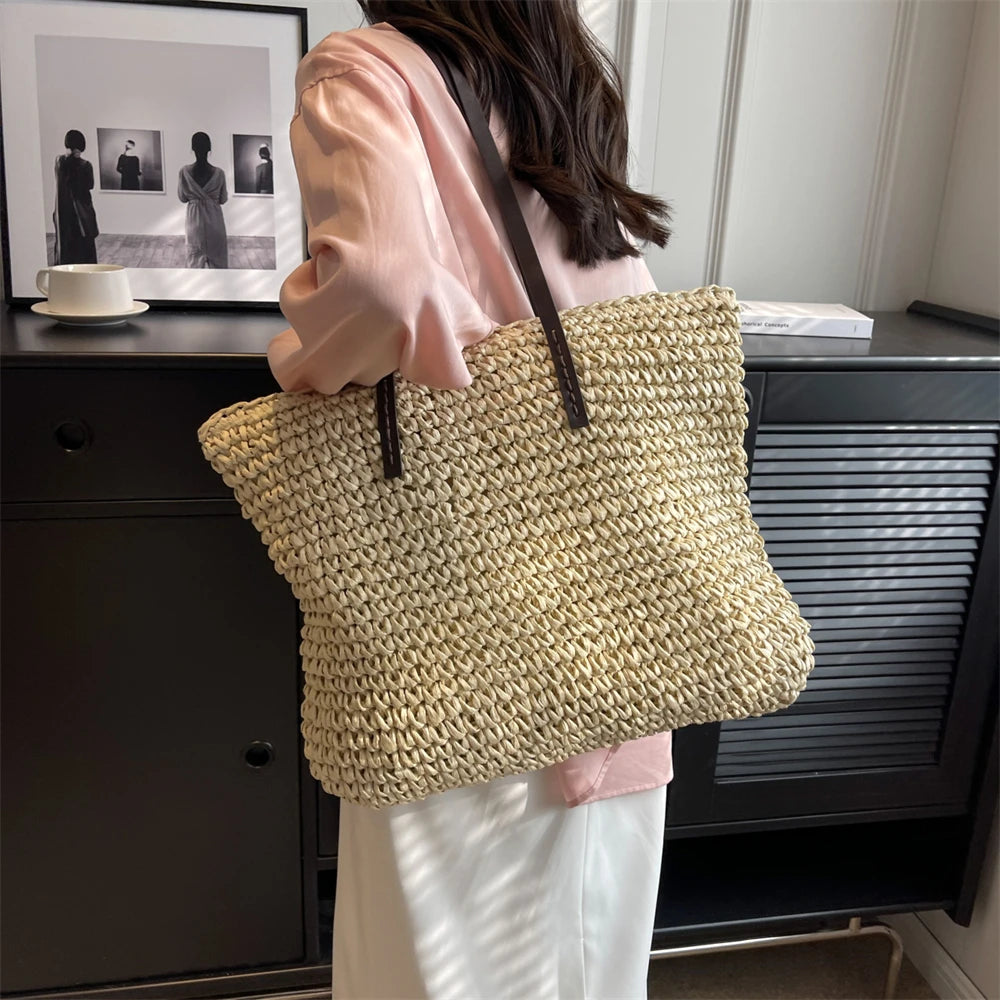 Large Capacity Straw Woven Shoulder Tote Bag for Women