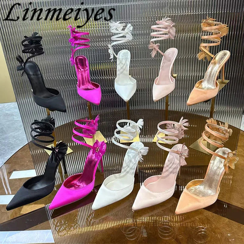 Rhinestone Feather Flower Embellished Ankle Strap High Heel Sandals for Women