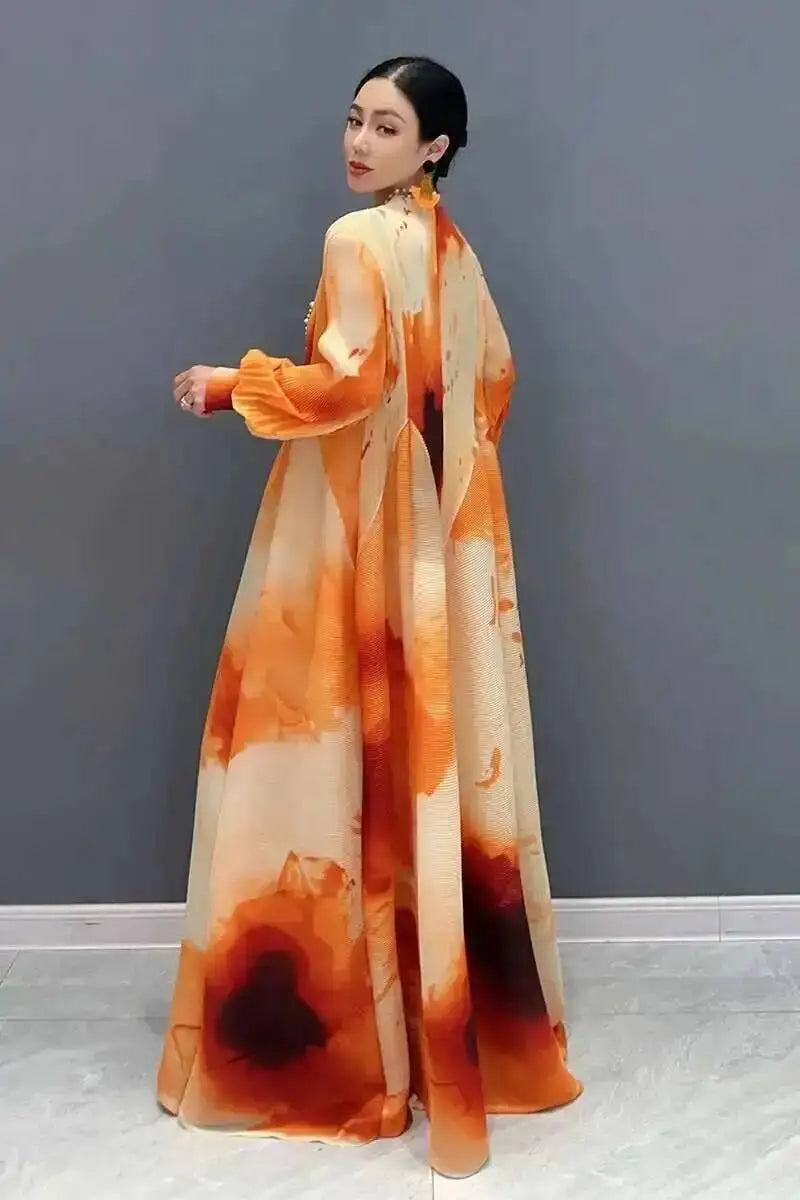 Printed Chiffon Ankle Length Dress With Bubble Sleeves for Women