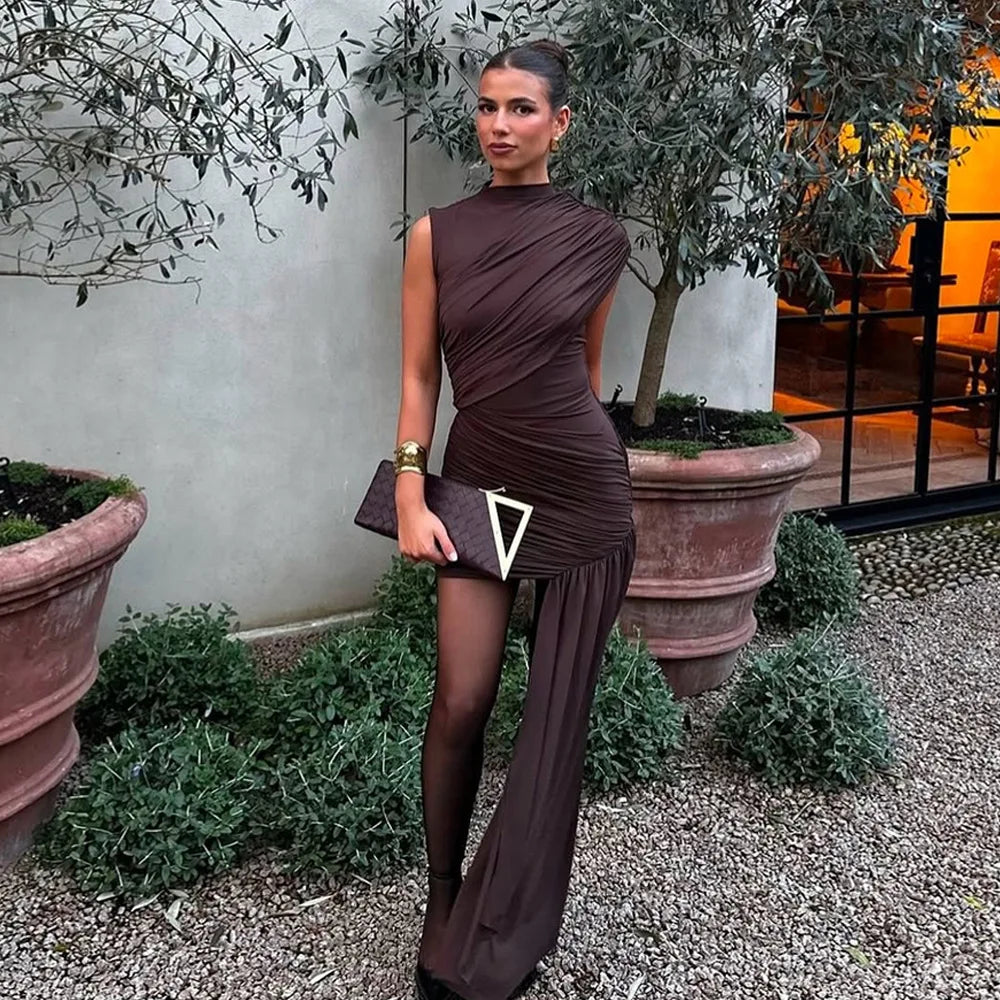 Elegant Irregular Pleated Tassel High Waist Mini Dress for Women