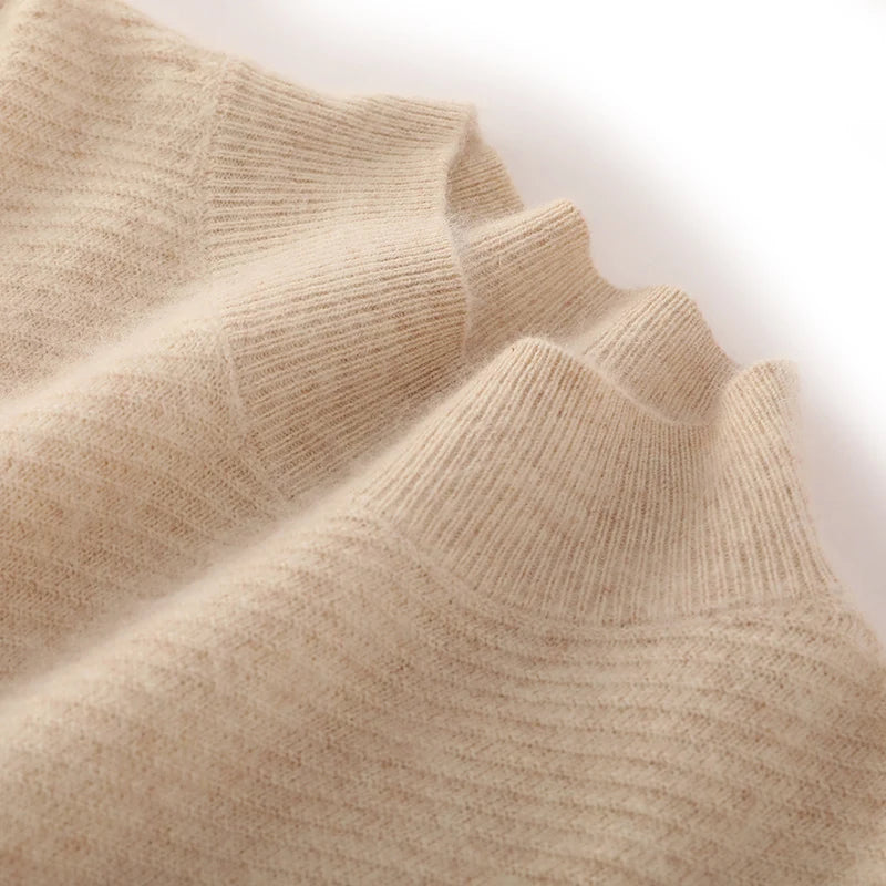 Warm Loose Fit Jacquard Knit High Neck Knee Length Dress for Women