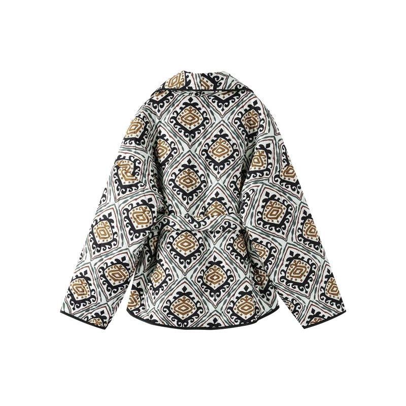 Printed Cotton Padded Winter Coat with V Neck for Women