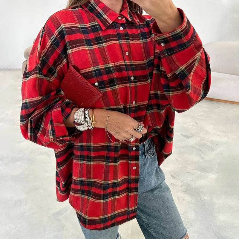 FSMG-Versatile Plaid Shirt For Women, Red Bright Grid, Oversized Blouse, Leisure And Fashionable Top, Spring And Autumn Seasons