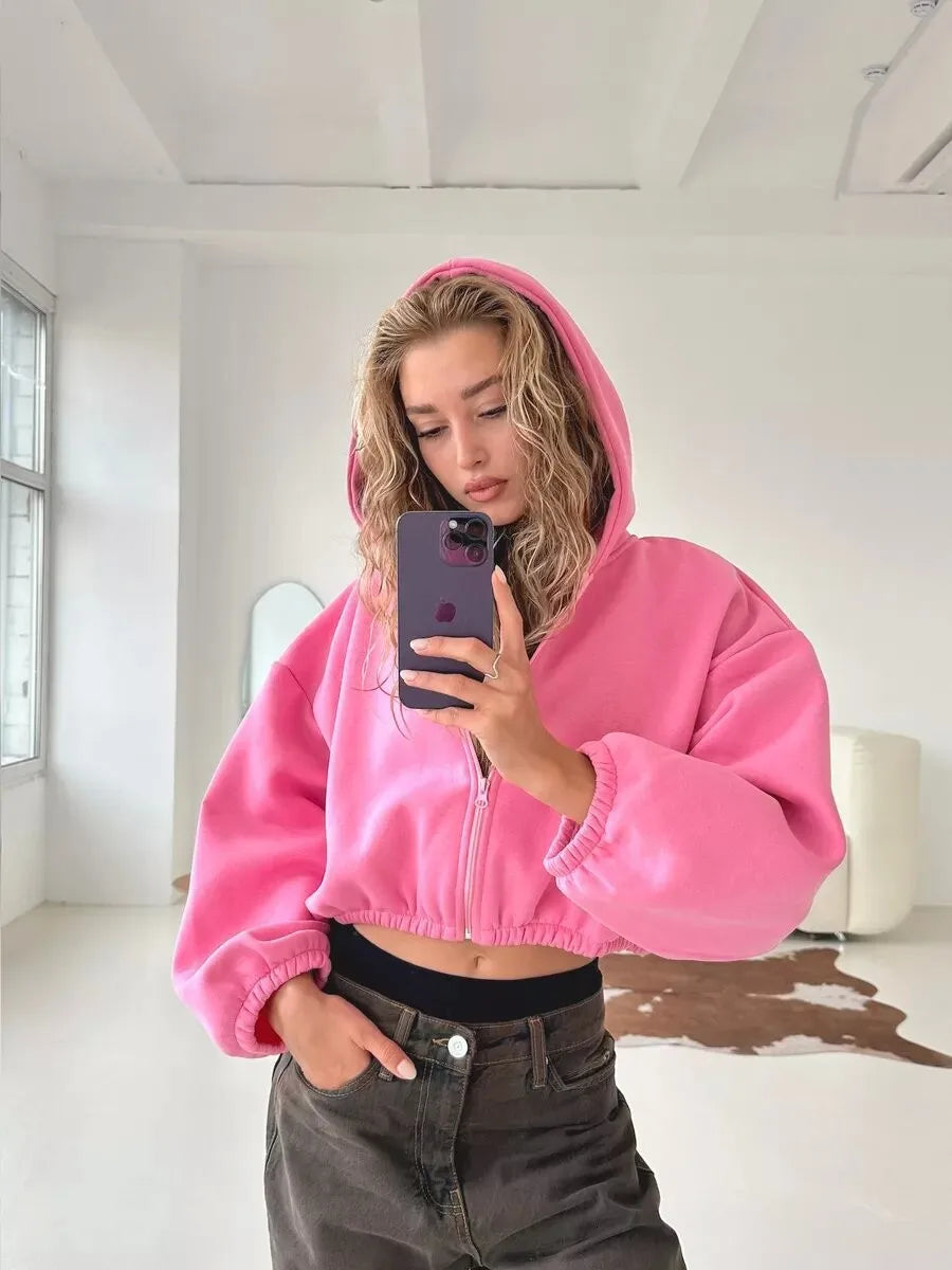 Cropped Zipper Hooded Sweatshirt Jacket With Long Sleeves for Women