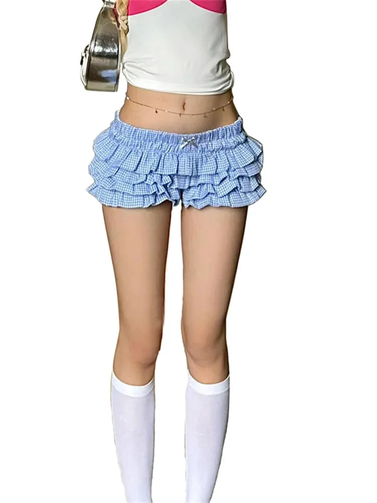 Layered Ruffle Elastic Waist Plaid Shorts for Women