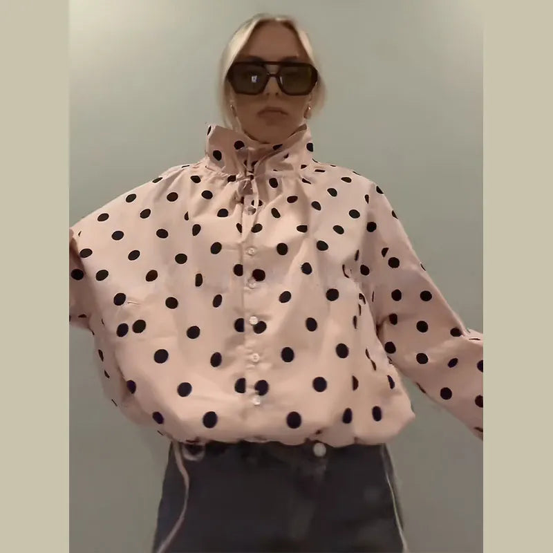 Polka Dot Lace Up Stand Collar Single Breasted Jacket for Women