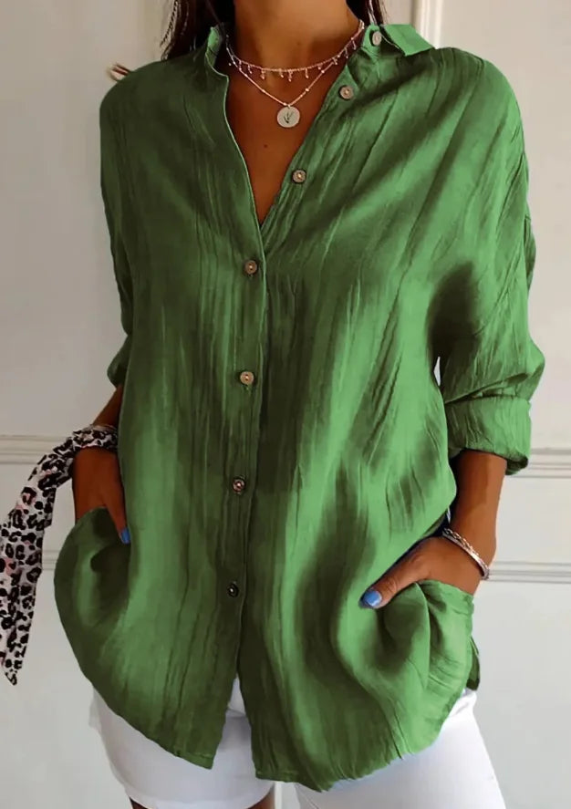 Relaxed Fit Long Sleeve Solid Color Blouse For Women